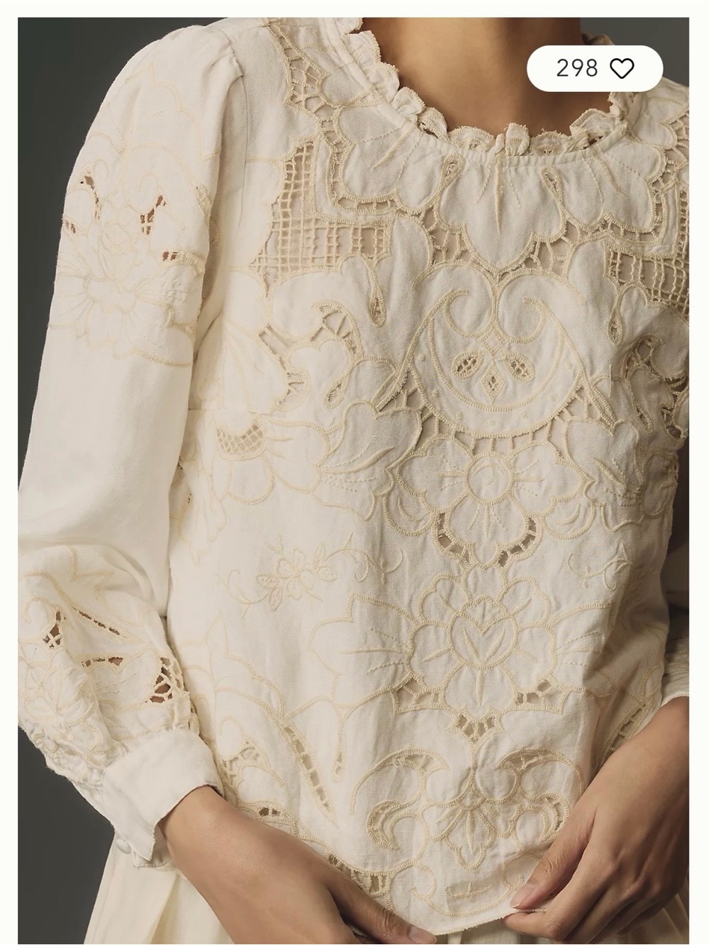 Anthropologie Lainie High Neck Ivory Lace Cutwork Long-Sleeve Blouse - Picture 2 of 11